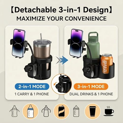 Universal 3-in-1 Stroller Cup Holder with 360° Rotatable Phone Mount, Detachable Dual Drink Holder for Bicycle, Motorcycle, Wheelchair, Walker, and Scooter, Fits Large Tumblers & Baby Bottles
