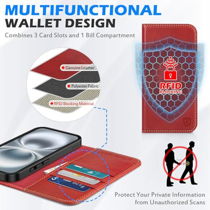 SHIELDON Genuine Leather Case Wallet for iPhone 16 6.1" 2024, Retro Red | Folio Magnetic Closure, RFID Blocking, Credit Card Holder, Viewing Stand, Shock Absorbing Protective Cover for Men Women - color: Retro Red