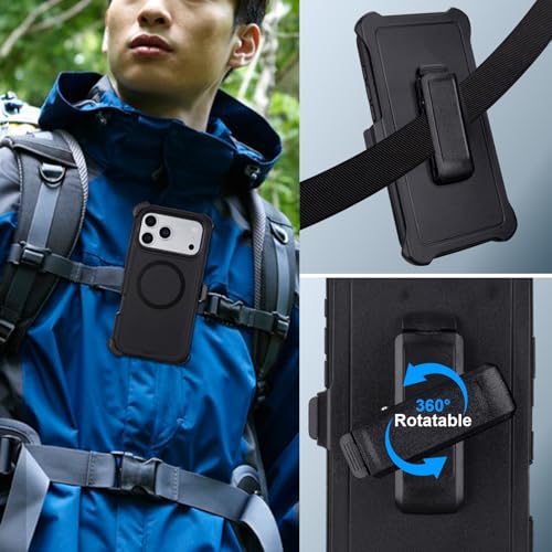Defender for iPhone 17 Pro Max Magnetic Case with Belt Clip Holster, Black | Compatible with MagSafe, Heavy Duty Drop Protection, Rugged Durable Protective Case for iPhone 17 Pro Max with Kickstand - color: Black