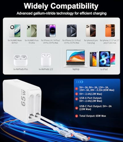65W Retractable USB C Charger,5 in 1 Retractable Phone Charger Wall Plug - size: C Cords