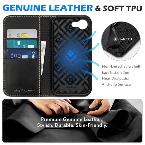 SHIELDON Genuine Leather Wallet Case for iPhone 17e/16e 6.1", Retro Black | Magnetic Closure, RFID Blocking, Credit Card Holder, Kickstand, Folio Design, Shockproof Phone Cover for Men Women - color: Retro Black