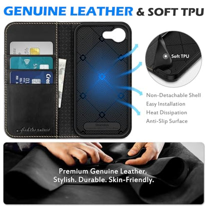 SHIELDON Genuine Leather Wallet Case for iPhone 17e/16e 6.1", Retro Black | Magnetic Closure, RFID Blocking, Credit Card Holder, Kickstand, Folio Design, Shockproof Phone Cover for Men Women - color: Retro Black