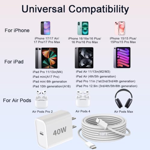 iPhone 17/16/15 Charger Fast Charging 3Pack 40W USB C Charger Fast Charging - size: 10FT