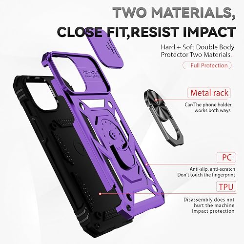for iPhone 12 Mini Case with Camera Lens Cover HD Screen Protector, Dual Layer Military Grade Drop Protection Magnetic Ring Holder Kickstand Protective Phone Case for iPhone 12 Mini 5.4 inch (Purple) - color: Purple with camera cover Military-Grade 2nd ge