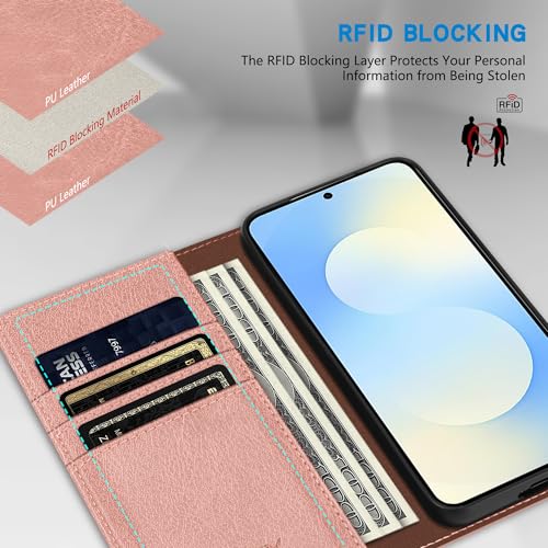 ZZXX for Samsung Galaxy S25 FE Wallet Case with [RFID Blocking] Card Slot Stand Strong Magnetic PU Leather Flip Fold Protective Phone Case for Samsung Galaxy S25 FE Case Wallet(Rose Gold-6.7 inch) - color: Rose Gold