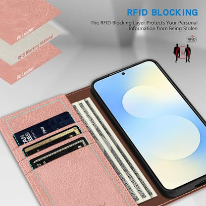 ZZXX for Samsung Galaxy S25 FE Wallet Case with [RFID Blocking] Card Slot Stand Strong Magnetic PU Leather Flip Fold Protective Phone Case for Samsung Galaxy S25 FE Case Wallet(Rose Gold-6.7 inch) - color: Rose Gold