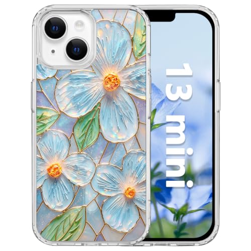 for iPhone 13 Mini 5.4" Magnetic Case【Compatible with MagSafe】 Aesthetic Oil Painting Stained Glass Flower Design, Slim Fit Hard PC Back Shockproof Cute Clear Phone Cover, Light Blue - color: Light Blue, size: iPhone 13 Mini