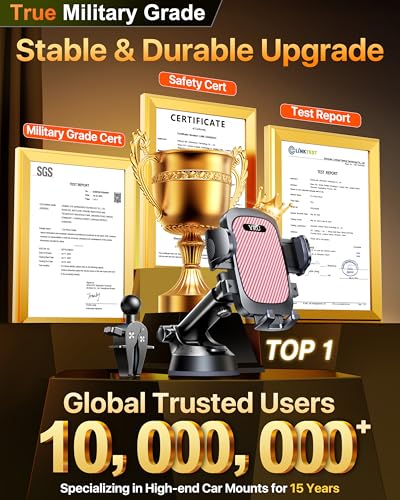 YRU【True Military-Grade Safety & Patent Certs 360°Rotation Car Phone Holder【100+LBS Strong Suction & Clip】 Windshield Dash Vent Cell Phone Mount Cradle for iPhone17 16 Pro Max Truck Samsung, Pink - color: Pink