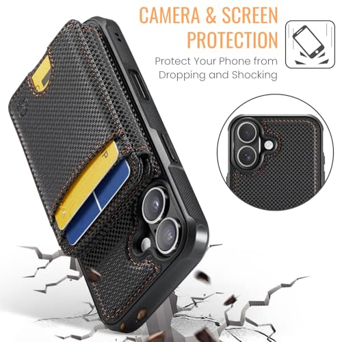 WJX for iPhone 16 MagSafe Wallet Case, 2-in-1 Detachable Luxury Card Holder, Universal MagSafe Compatible, RFID Blocking, Shockproof Kickstand Slim Cover， Carbon Fiber - color: Carbon Fiber, size: iPone 16