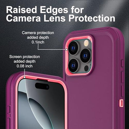 YKHJKLEC for iPhone 16 Pro Case, Military Grade 3 in 1 Heavy Duty Shockproof/Drop Proof/Dust Proof Case with 2Pcs Tempered Glass Screen Protector (Purple/Pink) - color: Purple/Pink