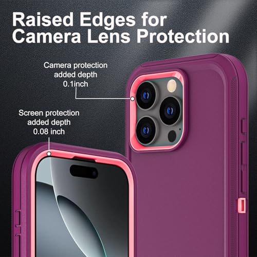 YKHJKLEC for iPhone 16 Pro Case, Military Grade 3 in 1 Heavy Duty Shockproof/Drop Proof/Dust Proof Case with 2Pcs Tempered Glass Screen Protector (Purple/Pink) - color: Purple/Pink
