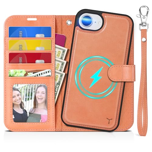 TUCCH Detachable 2-in-1 Case Wallet for iPhone 17e & 16e 6.1", Peachy Pink | 4 Card Slots, RFID Blocking, Wireless Charging, Viewing Stand, Wrist Strap, PU Leather, Shockproof TPU, Magnetic, Flip Cover - color: Textured Peachy Pink