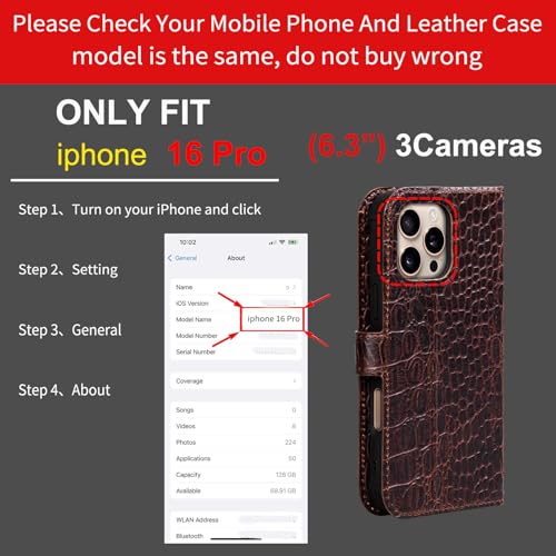 Leather Case Compatible with iPhone 16 Pro Wallet 6.3" | Genuine Leather 2-in-1 Magnetic Detachable Shockproof,Flip Folio Cover with Card Slot, RFID Blocking,Brownness - color: Brownness, size: 6.9”-16 Pro