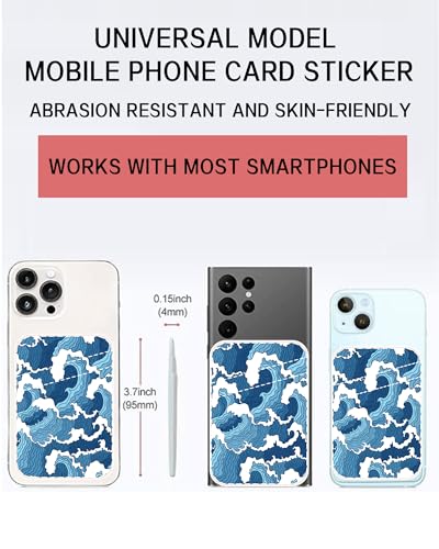 Dual Pocket Leather Phone Wallet Adhesive Stick On, Cute Card Holder for Most Phone Cases - Blue Sea - color: Cute Blue Sea