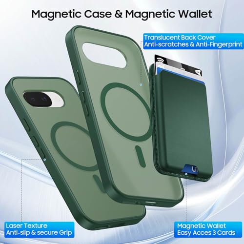 Magnetic for Google Pixel 9A Wallet Case with Card Holder﻿ Green | Compatible with MagSafe, Shockproof Phone Cover with Detachable RFID Blocking Card Slot, Green - color: Green, size: Pixel 9A