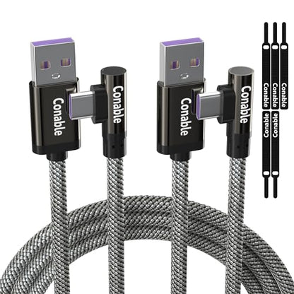 USB A to C Cable (2 Pack, 2FT+2FT), Right Angle 90 Degree Type-C Fast Charging Cable, Nylon Braided, Supports 5A/ 3A/ 60W/PD 20W, for iPhone 17/16/15 Series, Galaxy S22, Google Pixel, LG, Car Carplay
