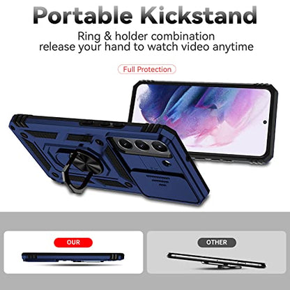 for Samsung Galaxy S22 Case with Camera Lens Cover HD Screen Protector, Dual Layer Military-Grade Drop Tested Magnetic Ring Holder Kickstand Protective Phone Case for Samsung Galaxy S22 5G (Navy Blue) - color: Navy Blue with camera cover Military-Grade 2n