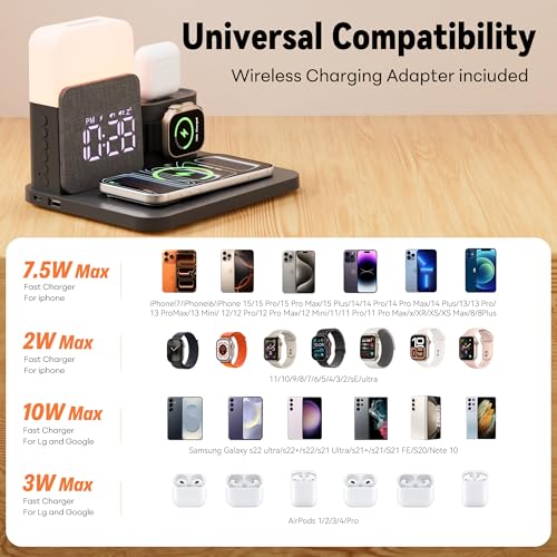 7 in 1 Clock with Charging Station, Charger with Alarm Clock Night Light - color: Black