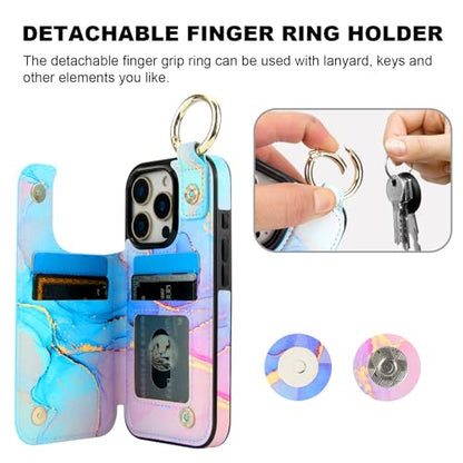 HAOPINSH for iPhone 16 Pro Wallet Case with Card Holder, Pink Blue Marble Print Back Flip Folio PU Leather Kickstand Card Slots Case, Finger Grip Ring Double Magnetic Clasp Shockproof 6.3" - color: Pink Blue Marble Grip Ring