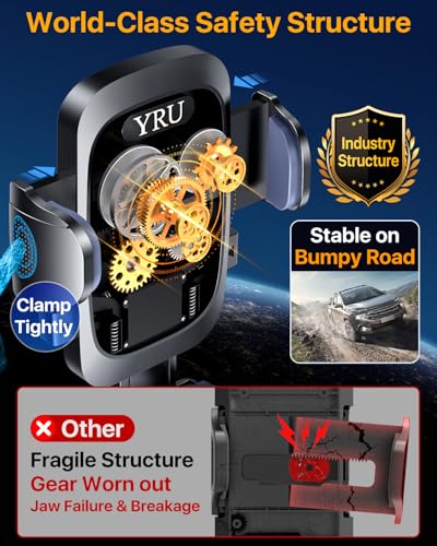 YRU【True Military-Grade Safety & Patent Certs】360°Rotation Car Phone Holder【100+LBS Strong Suction & Clip】Windshield Dash Vent Cell Phone Mount Cradle for iPhone17 16 Pro Max Truck Samsung, Dark Black - color: Dark Black