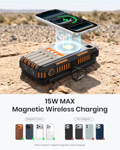 FEELLE Solar Power Bank 50000mAh Magnetic Portable Charger with Hand Crank - color: Orange
