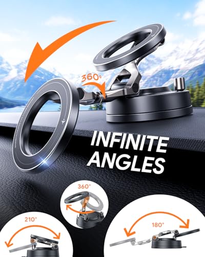 Meifigno for Magsafe Car Mount, [Metal Alloy Arm] Strongest Vacuum Suction & Magnetic Phone Holders for Your Car, Adjustable Car Phone Mount, Car Accessories for iPhone 17 16 15 14 13 12& Android