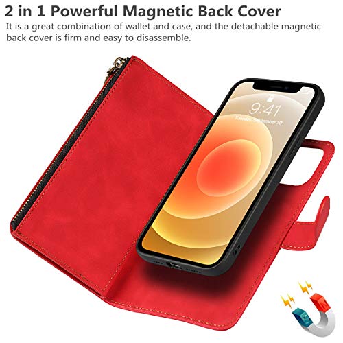 iCoverCase for iPhone 12 Mini Wallet Case with Card Holder and Wrist Strap, PU Leather Kickstand Card Slots Zipper Pocket Magnetic [Detachable] Flip Cover Case 5.4 Inch (Red) - color: Red