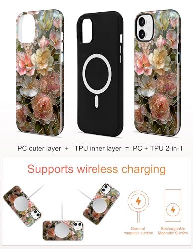 Magnetic Flower Phone Case for iPhone 15 Pro, Pink Yellow | Compatible with MagSafe, Cute Stained Glass Rose Aesthetic, TPU and PC Protective Phone Cover for Women Men Girls Boys - color: Pink Yellow Rose