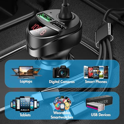 Retractable Car Charger 5 in 1 with Voltage Monitoring LED Display - 18W Car Phone Charger with Built-in Retractable Charging Cable Compatible with iPhone, Samsung & Android Phones