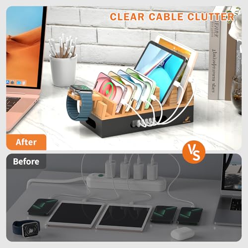 Pezin & Hulin Bamboo Charging Station with 5 Cables-Natural+Black - color: Natural + Black