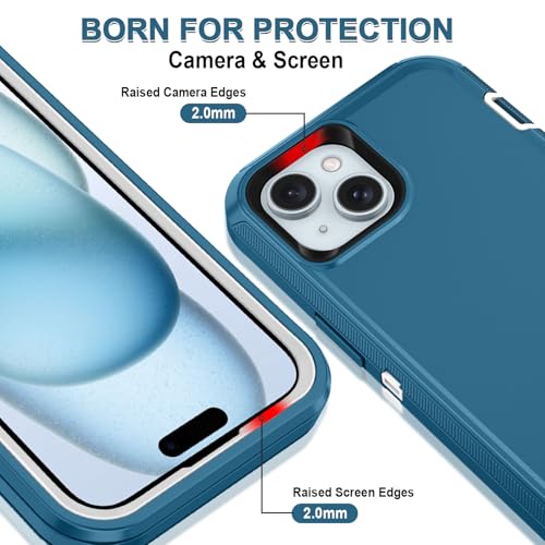 for iPhone 15 Case Heavy Duty Protective Shockproof Dropproof 3-Layer Full Body Protection [Without Screen Protector] Tough Rugged Cover for Apple iPhone 15 6.1 inch 2023,Turquoise/White - color: Turquoise/White