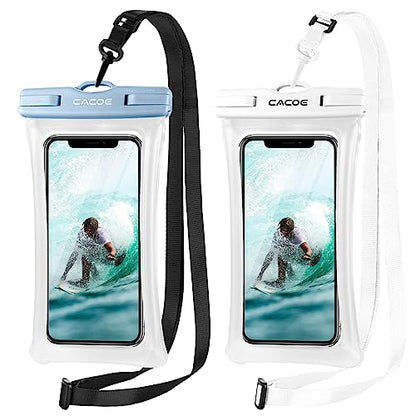 CACOE Floatable Waterproof Phone Pouch 2 Pack Up to 7.0",White+Blue | Floatable, IPX8 Waterproof Phone Case,Adjustable Lanyard,Dry Bags for Beach/Cruise/Travel/Camping/Kayak/Vacation Essentials - color: White+Blue