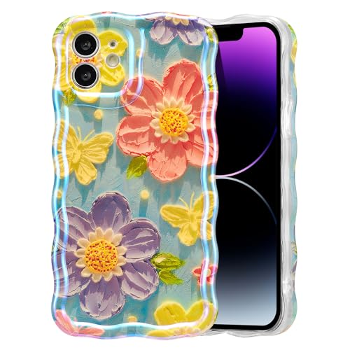 EYZUTAK Case for iPhone 11, Colorful Retro Oil Painting Butterfly Flower | Laser Glossy Floral Pattern, Cute Curly Wave Edge, Exquisite Phone Cover, Stylish Durable TPU Protective Case for Girl Women - color: Butterfly Flower, size: iPhone 11