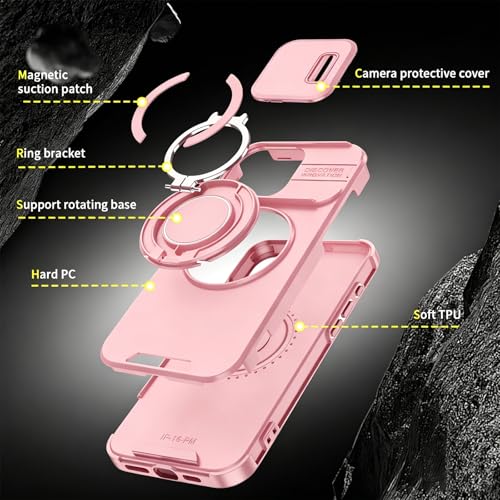 Rugged Shockproof Case for iPhone 17 Pro Max, Heavy Duty Protective Phone Case with Slide Camera Cover, 360° Rotatable Ring Stand & Magnetic Car Mount Compatible (Pink,iPhone 17 Pro Max) - color: Pink