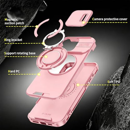 Rugged Shockproof Case for iPhone 17 Pro Max, Heavy Duty Protective Phone Case with Slide Camera Cover, 360° Rotatable Ring Stand & Magnetic Car Mount Compatible (Pink,iPhone 17 Pro Max) - color: Pink