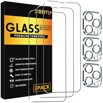 SIBEITU Screen Protector + Camera Lens Protector for iPhone 15 Pro 6.1 Inch | 3 Pack Screen Tempered Glass + 3 Pack Camera Lens, HD Clear 9H Hardness, Scratch Resistant, Sensor Protection, Case Friendly - size: iPhone 15 Pro 6.1"