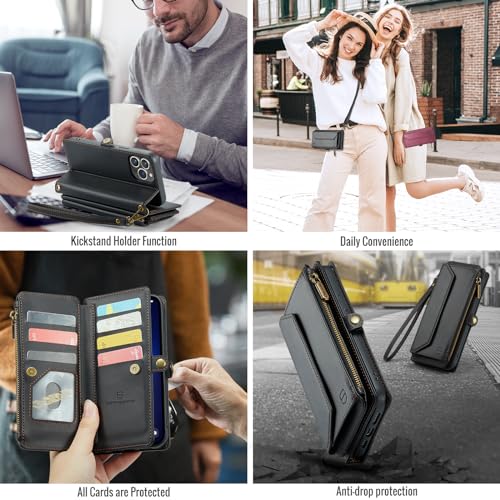 Strapurs Wallet Case Compatible with iPhone 13 Pro Max RFID Blocking 10-Card Holder Soft PU Leather Magnetic Snap Shoulder Strap Zipper Pocket Phone Case Fit for iPhone 13 Pro Max - Black | RFID Blocking 10-Card Holder, Shoulder Lanyard, Wirst Strap, Zipp