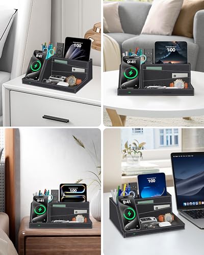 Wireless Charger with Desk Organizer, Fast Charging Station - color: Black-Cross Pattern