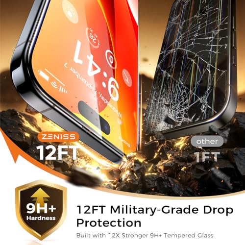 Zeniss NeverBreak 9H+ Hardness for iPhone 15 Screen Protector 12FT Military Grade Protection (Scratch, Shatter, Drop Resistance) Tempered Glass 6.1", 2 Pack with De-Bubble Card, Clear - size: iPhone 15