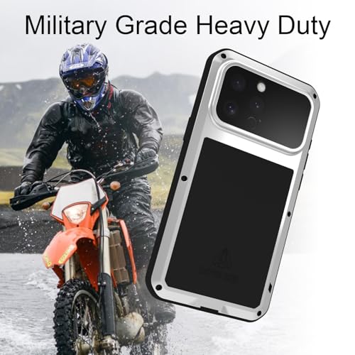 LOVE MEI Military Rugged Case for iPhone 16 Pro Max, with Tempered Glass Screen Protector, Shockproof Dustproof Scratch Proof Hybrid Metal and Silicone Gel Heavy Duty Full Body Cover Silver - color: Silver