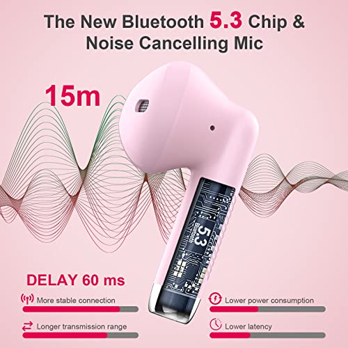 Wireless Earbuds, Bluetooth 5.4 Headphones in Ear with Noise Cancelling Mic - color: Pink