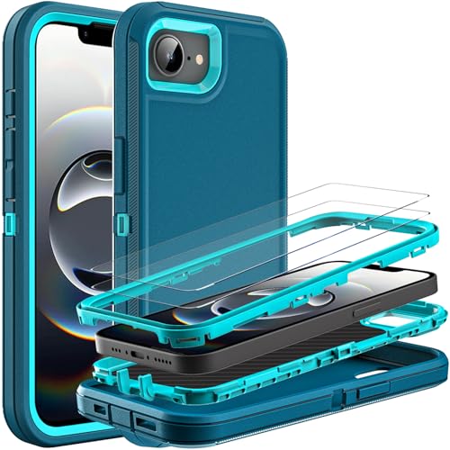 YKHJKLEC for iPhone 16e Case, Military Grade 3 in 1 Heavy Duty Shockproof/Drop Proof/Dust Proof Case with 2Pcs Tempered Glass Screen Protector (Blue/Turquoise) - color: Blue/Turquoise