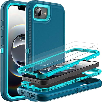 YKHJKLEC for iPhone 16e Case, Military Grade 3 in 1 Heavy Duty Shockproof/Drop Proof/Dust Proof Case with 2Pcs Tempered Glass Screen Protector (Blue/Turquoise) - color: Blue/Turquoise