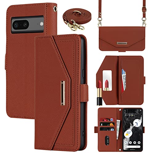 Crossbody Wallet for Google Pixel 7 Case with Strap,6.3",Brown | Long Shoulder Strap,Credit Card Holder, PU Leather, Handbag Purse, Kickstand, Make Up Mirror, Cover Case, for Women Girls - color: Brown