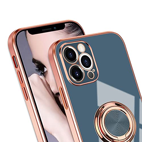iPhone 12 Pro Max Ring Holder Case - 360 Degree Rotation Kickstand, Shiny Plating Rose Gold Edge, Magnetic Car Mount Compatible, Slim Soft Tpu for Women Girls, 6.7 Inch Gray - color: Gray, size: iPhone 12 Pro Max