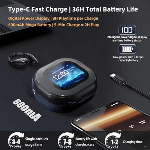 Wireless Earbuds with Touch Screen Charging Case, Open Ear Headphones,Sport Earbuds Bluetooth 5.4, 16mm Diaphragm Hi-Fi Stereo Sound,IPX6 Waterproof Over Ear Ear Buds with EQ/Remote Photo/Alarm,Black