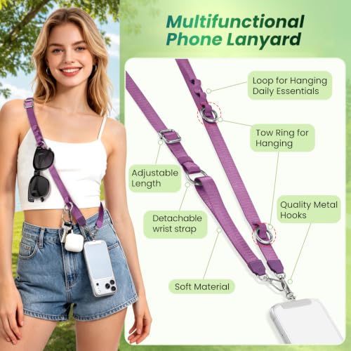 takyu Multifunctional Phone Lanyard, 3 in 1 Cell Phone Detachable Adjustable Crossbody Strap & Neck Lanyard & Wrist Lanyard with 2x Tether Tab for Most Smartphones, Outdoor Travel Essential Purple - color: Purplex1