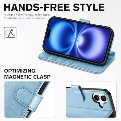 TUCCH Wallet Case for iPhone 16 (6.1") 2024, Flip Stand, Pearly Light Blue | RFID Blocking, 4 Card Holders, Kickstand, PU Leather, Shockproof TPU Shell, Magnetic Closure, Protective Folio Cover - color: Pearly Light Blue
