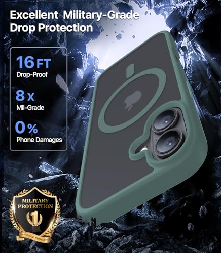 CAHEJILU Magnetic for iPhone 16 Case,[Compatible with MagSafe][Military Grade Drop Protection] Anti-Fingerprint Translucent Matte Shockproof Protective Case for iPhone 16 Phone Case 6.1",Night Green - color: A7-Night Green