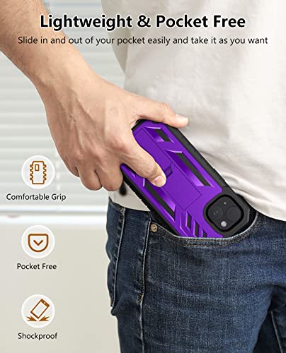 FNTCASE for iPhone 14 Plus Case, Built-in Screen Protector, Kickstand | 20FT Military-Grade Drop Protection, Anti-Slip Matte Textured, Rugged Heavy Duty Shockproof TPU Protective Cover - color: Purple